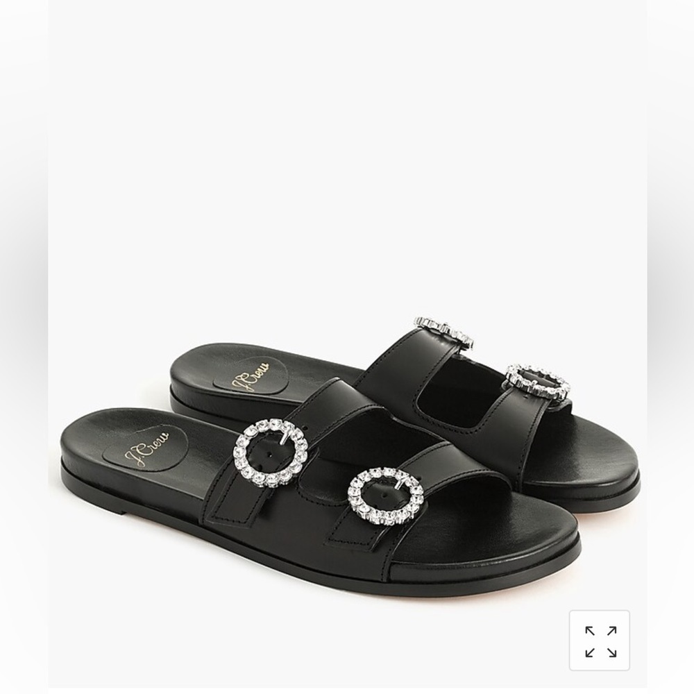 J.CREW Bedford Black Leather 2 Straps Slide Sandals Rhinestone Detail